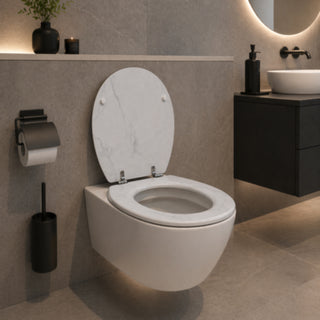 Copriwater universale bianco effetto marmo in MDF con cerniere