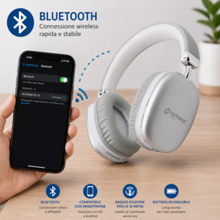 Cuffia Bluetooth ricaricabile Wireless on-ear padiglione da 40 mm 12H