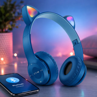 Cuffia Bluetooth pieghevole con orecchie di gatto luminose TF card