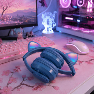 Cuffia Bluetooth pieghevole con orecchie di gatto luminose TF card