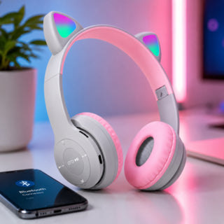 Cuffia Bluetooth pieghevole con orecchie di gatto luminose TF card