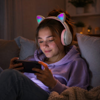 Cuffia Bluetooth pieghevole con orecchie di gatto luminose TF card