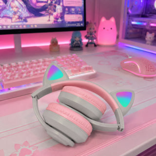 Cuffia Bluetooth pieghevole con orecchie di gatto luminose TF card