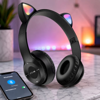 Cuffia Bluetooth pieghevole con orecchie di gatto luminose TF card