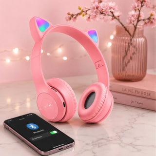 Cuffia Bluetooth pieghevole con orecchie di gatto luminose TF card