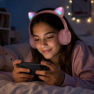Cuffia Bluetooth pieghevole con orecchie di gatto luminose TF card