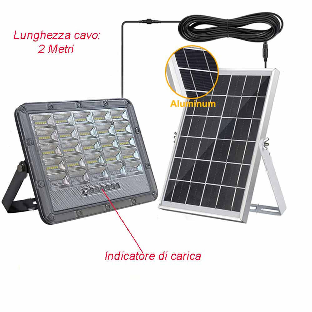 Faro led proiettore con pannello solare 50 100 200 300 500 watt per esterno luce bianca fredda 6500k con telecomando indicatore di carica