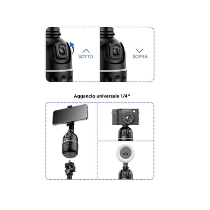 Stabilizzatore cardanico per smarphone gimbal con sensore di movimento bastone per selfie con telecomando anti vibrazioni rotazione 360°