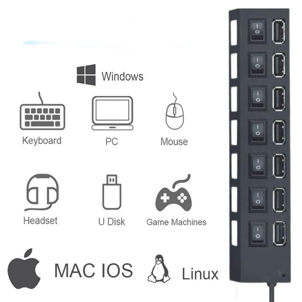 Hub usb 2.0 7 porte moltiplicatore sdoppiatore per pc notebook 7 uscite con interruttori on/off e luci led