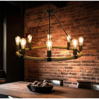 Lampadario rotondo con corda in canapa vintage 6 portalampada E27 lampada country retro stile industriale