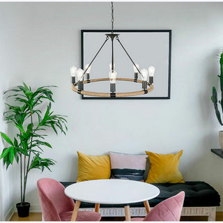 Lampadario rotondo con corda in canapa vintage 6 portalampada E27