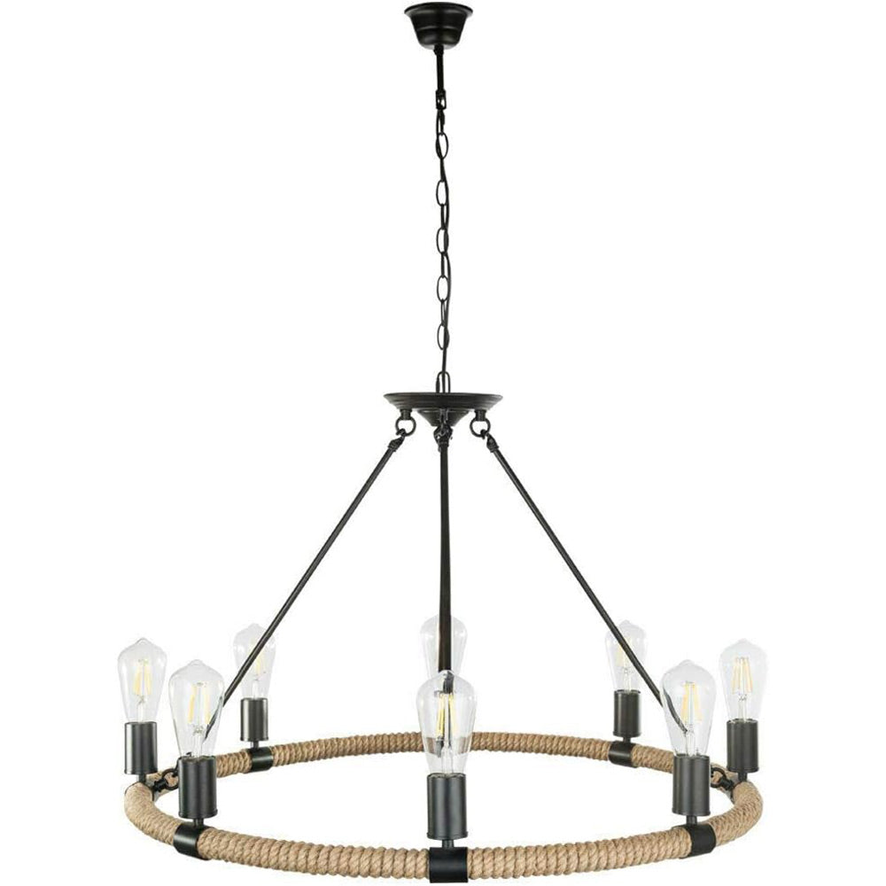 Lampadario rotondo con corda in canapa vintage 6 portalampada E27 lampada country retro stile industriale