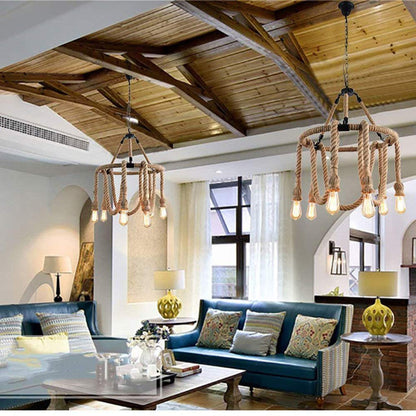Lampadario a sospensione con corda in canapa vintage 6 portalampada E27 lampada country retro pendente arredamento rustico