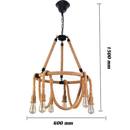 Lampadario a sospensione con corda in canapa vintage 6 portalampada E27 lampada country retro pendente arredamento rustico