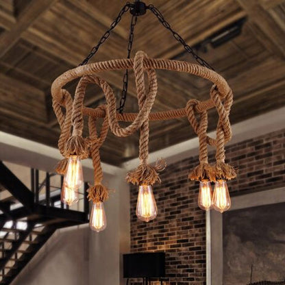 Lampadario a sospensione con corda in canapa vintage 6 portalampada E27 lampada country retro pendente arredamento rustico