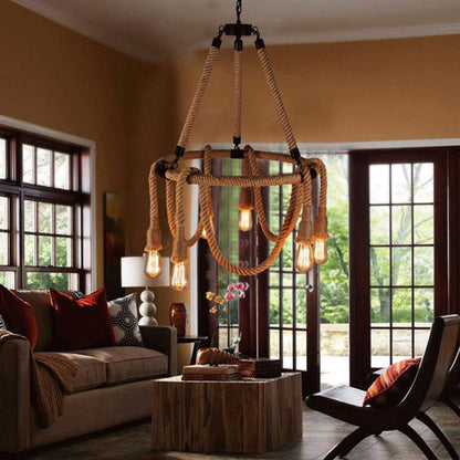 Lampadario a sospensione con corda in canapa vintage 6 portalampada E27 lampada country retro pendente arredamento rustico