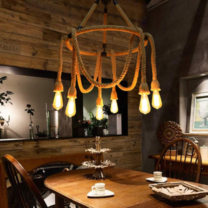 Lampadario a sospensione con corda in canapa vintage 6 portalampada E27 lampada country retro pendente arredamento rustico