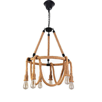 Lampadario a sospensione con corda in canapa vintage 6 portalampada E27 lampada country retro pendente arredamento rustico