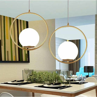 Lampadario minimalista con cerchio metallo bronzo e sfera opaca G9