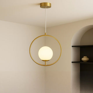 Lampadario minimalista con cerchio metallo bronzo e sfera opaca G9