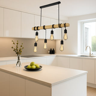 Lampadario sospensione in legno stile Industriale 6 portalampada E27