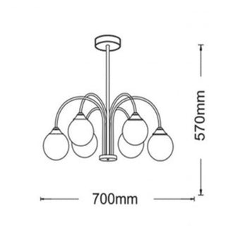 Lampadario moderno oro con 6 bracci curvi 6 sfere bianche attacco G9