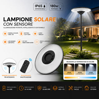 Lampione ufo solare 180W sensore di movimento PIR tecnologia CCT IP65