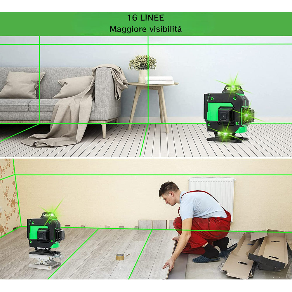 Livella laser autolivellante 16 linee luce verde doppia batteria rotante 360° verticale e orizzontale strumento di misurazione con telecomando accessori