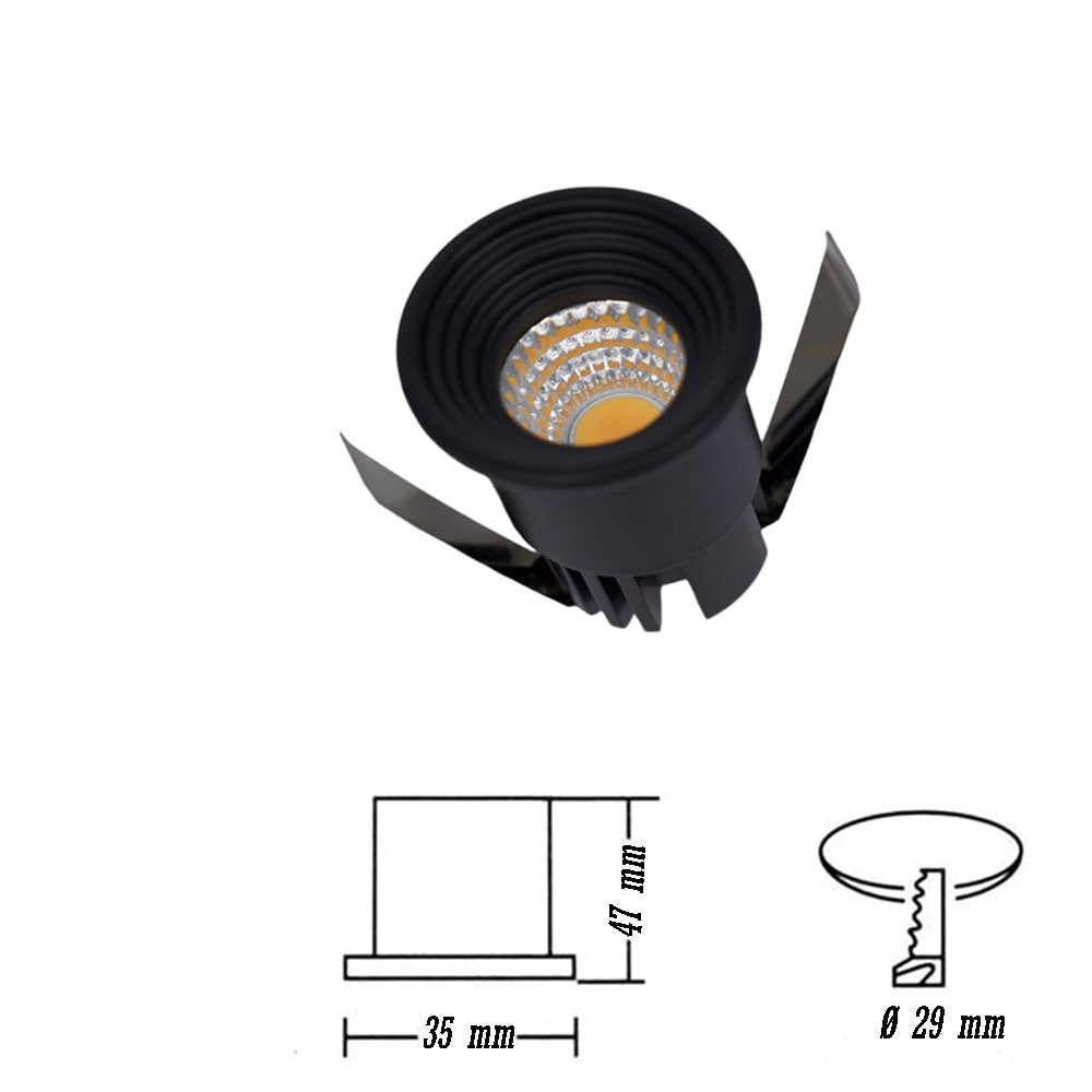 Faretto 1 led COB ad incasso 3 watt mini spot punto luce tondo nero luce bianca 6500k calda 3000k e naturale 4000k