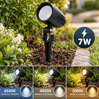 Picchetto LED da giardino 7W orientabile in alluminio nero IP65