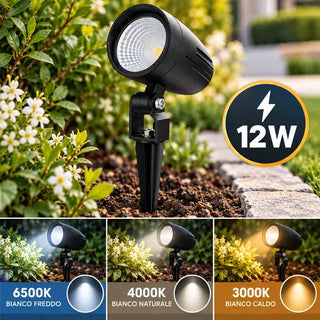 Picchetto LED da giardino 12W orientabile in alluminio nero IP65