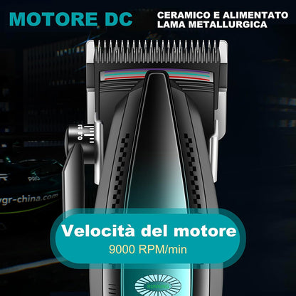 Rasoio tagliacapelli HAIR CLIPPER ricaricabile portatile per barba capelli basette corpo con 6 pettinini alta velocità 9000 giri/min base di ricarica display 270