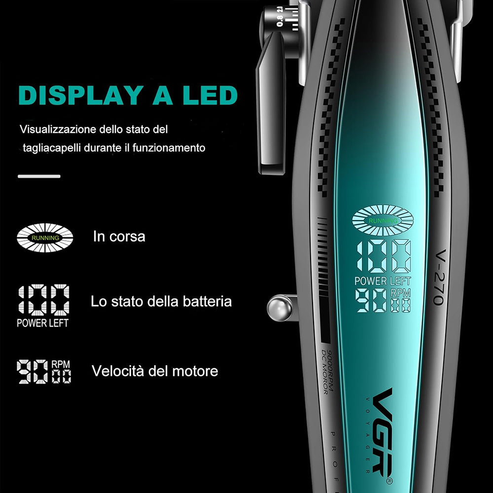 Rasoio tagliacapelli HAIR CLIPPER ricaricabile portatile per barba capelli basette corpo con 6 pettinini alta velocità 9000 giri/min base di ricarica display 270