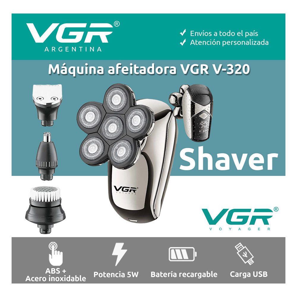 Rasoio VGR MEN’S GROOMING ricaricabile 5 in 1 testina intercambiabile barba capelli basette con display impermeabile IPX6 320