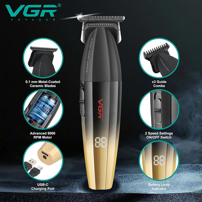 Rasoio tagliacapelli VGR HAIR TRIMMER ricaricabile per barba capelli con 3 pettinini 2 velocità max 9000 RPM display 906