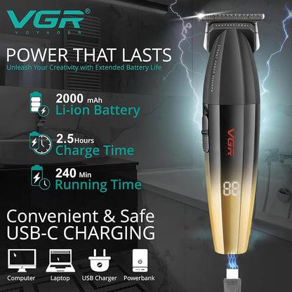 Rasoio tagliacapelli VGR HAIR TRIMMER ricaricabile per barba capelli con 3 pettinini 2 velocità max 9000 RPM display 906