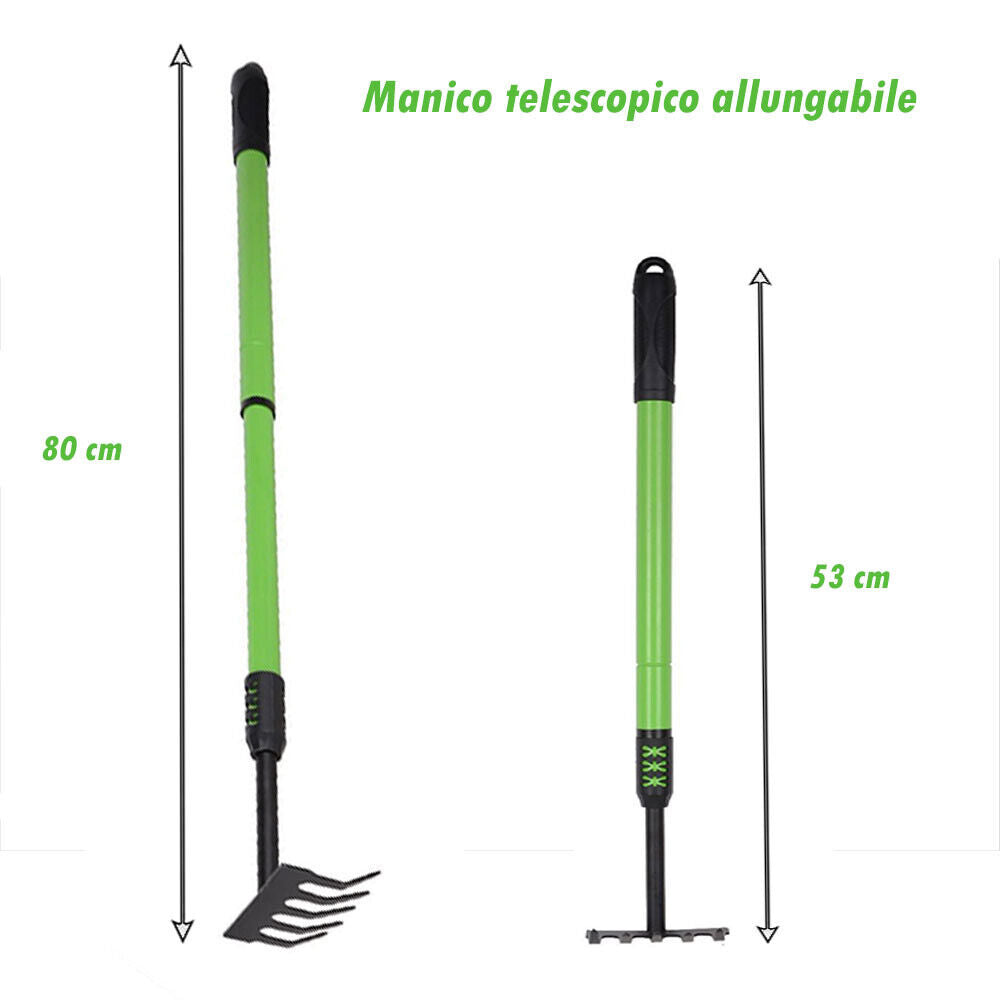 Rastrello da Giardino da 5 Denti curvi con Manico telescopico allungabile richiudibile Estensibile da 53 a 80 cm