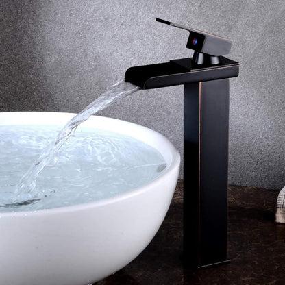 Miscelatore a cascata nero da lavabo per bagno canna alta o bassa leva monocomando rubinetto per lavandino moderno modello cascata nero