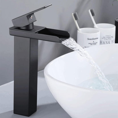 Miscelatore a cascata nero da lavabo per bagno canna alta o bassa leva monocomando rubinetto per lavandino moderno modello cascata nero