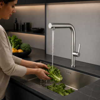 Rubinetto per lavello da cucina acciaio satinato  canna alta quadrata