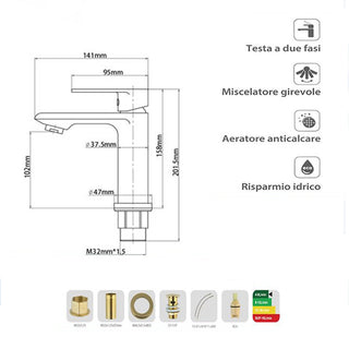 Rubinetto oro lucido da lavabo per bagno miscelatore modello Seven