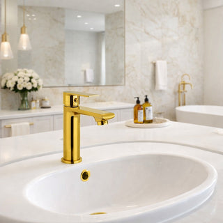 Rubinetto oro lucido da lavabo per bagno miscelatore modello Seven