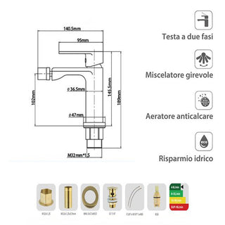 Rubinetto oro lucido da bidet per bagno miscelatore modello Seven