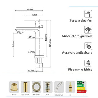 Rubinetto oro opaco da lavabo per bagno miscelatore modello SEVEN