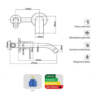 Rubinetto muro ad incasso miscelatore x lavabo da bagno modello Seven