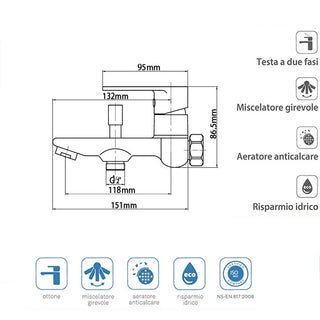 Rubinetto per vasca a parete moderno da bagno oro opaco modello Seven