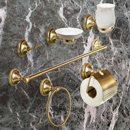 Set bagno classico in oro satinato e vetro 6 pezzi accessori arredo bagno con porta saponetta porta rotolo bicchiere spazzolini e portasciugamano