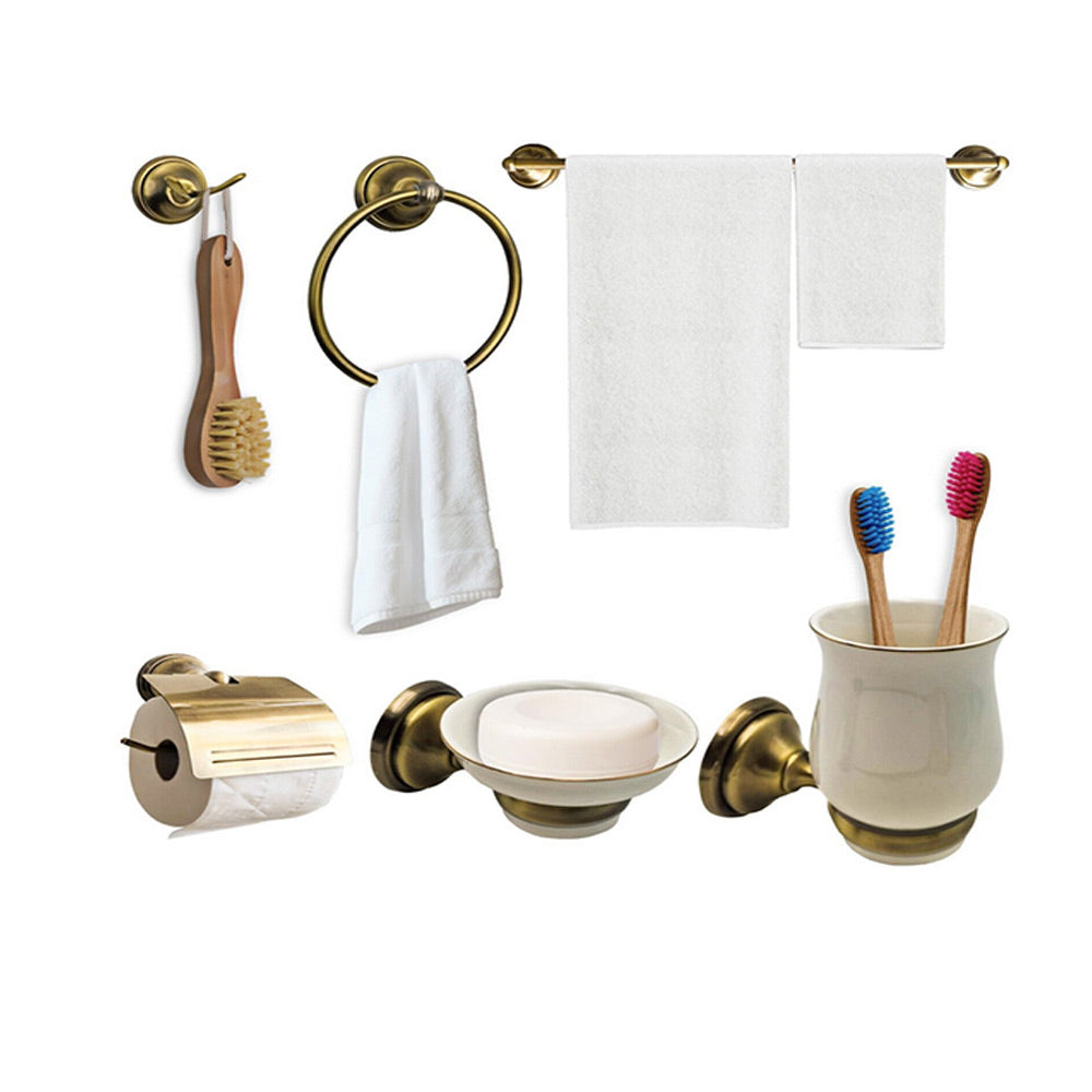 Set bagno classico in oro satinato e vetro 6 pezzi accessori arredo bagno con porta saponetta porta rotolo bicchiere spazzolini e portasciugamano