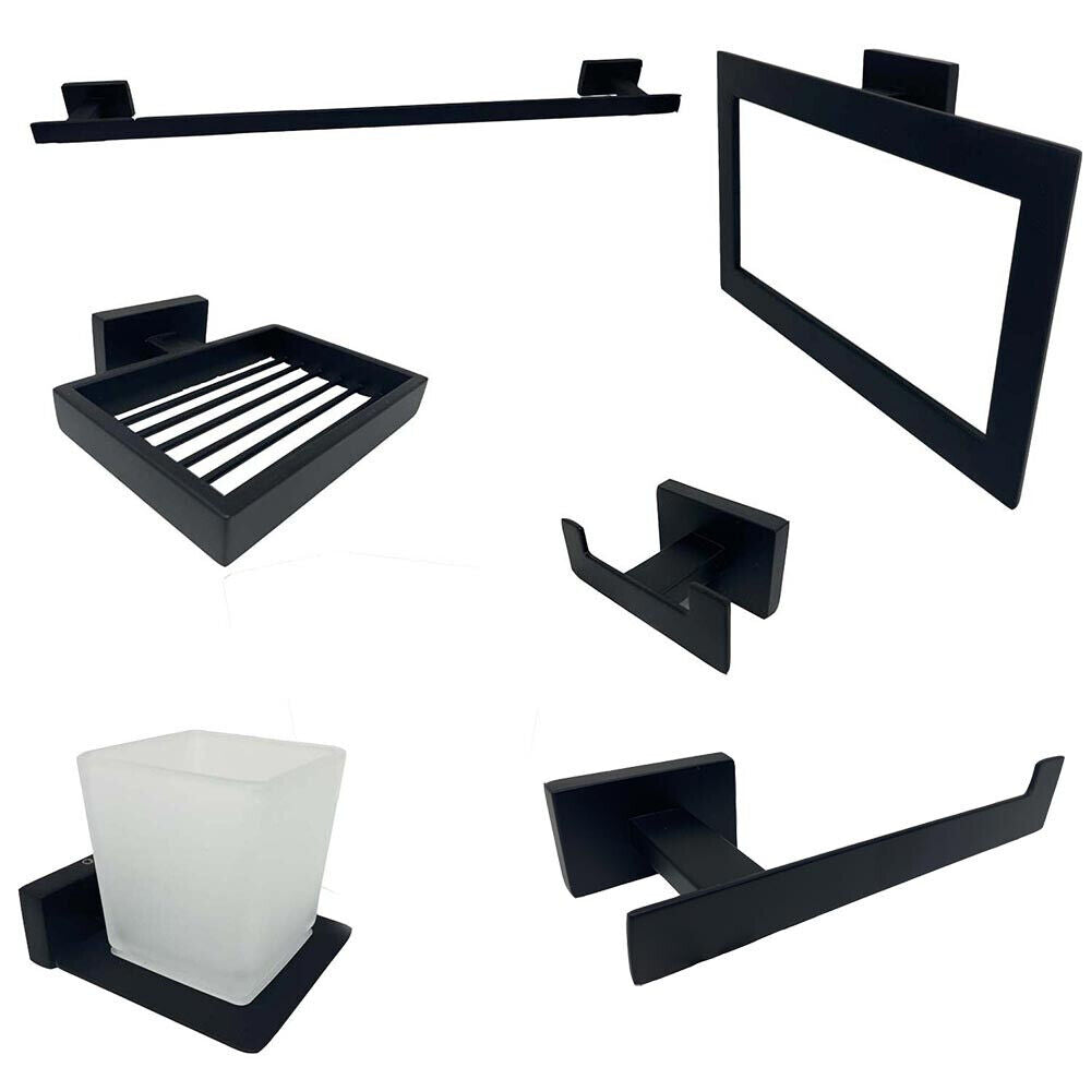 Set bagno moderno rettangolare in acciaio nero vetro satinato 6 pezzi accessori bagno portasaponetta portarotolo spazzolini asciugamano