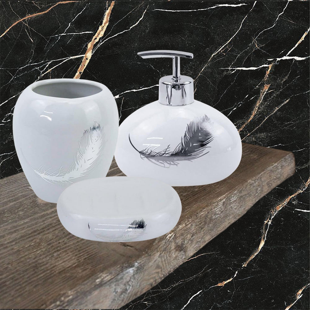 Accessori bagno dispenser sapone piattino porta sapone Bicchiere portaspazzolino scopino con piume argento